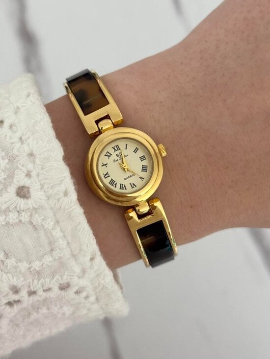Sku0188 gold mini watch bracelet with brown Inserts with marble pattern